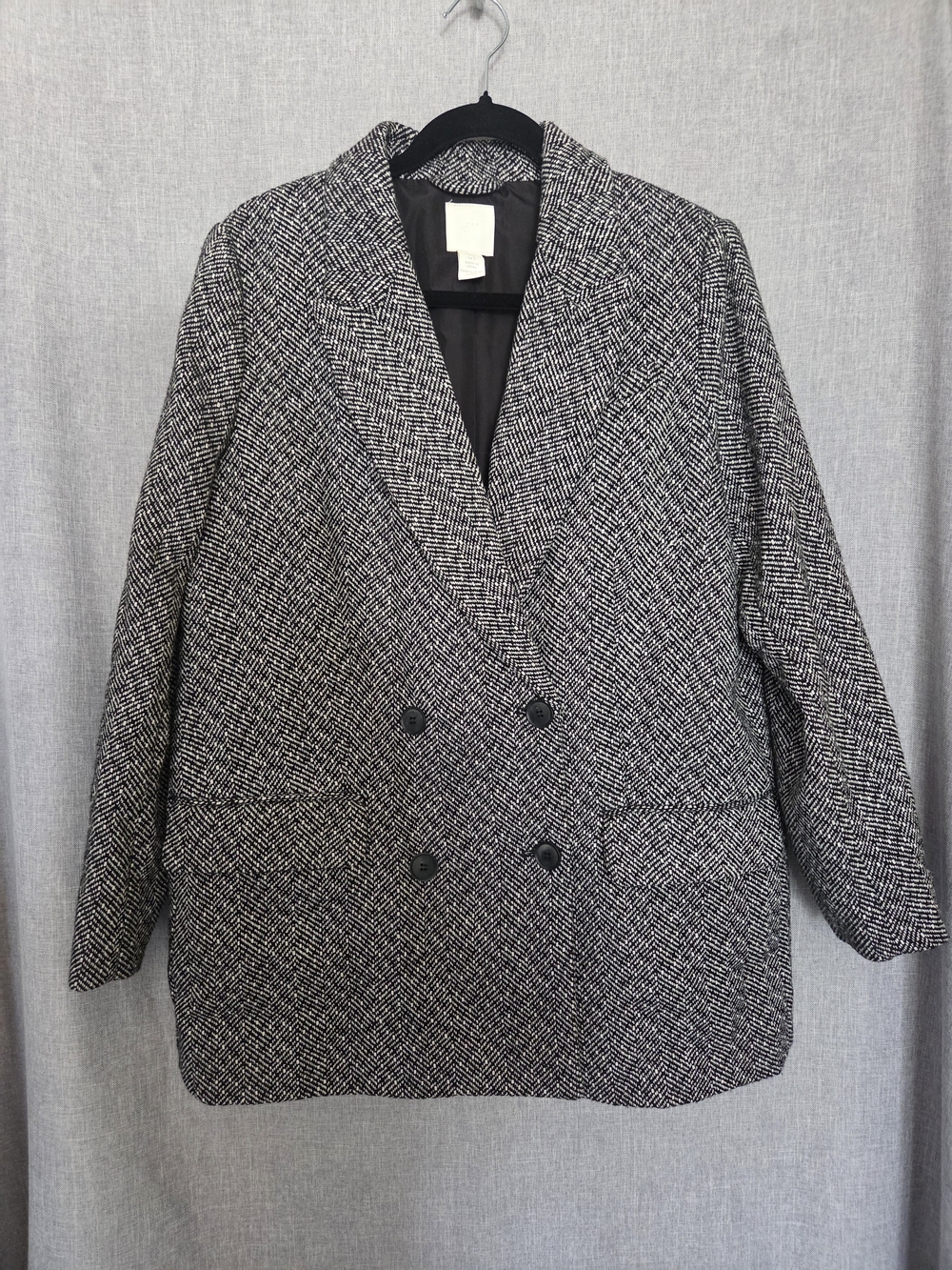 H&M Black and White Herringbone Double-Breasted Blazer